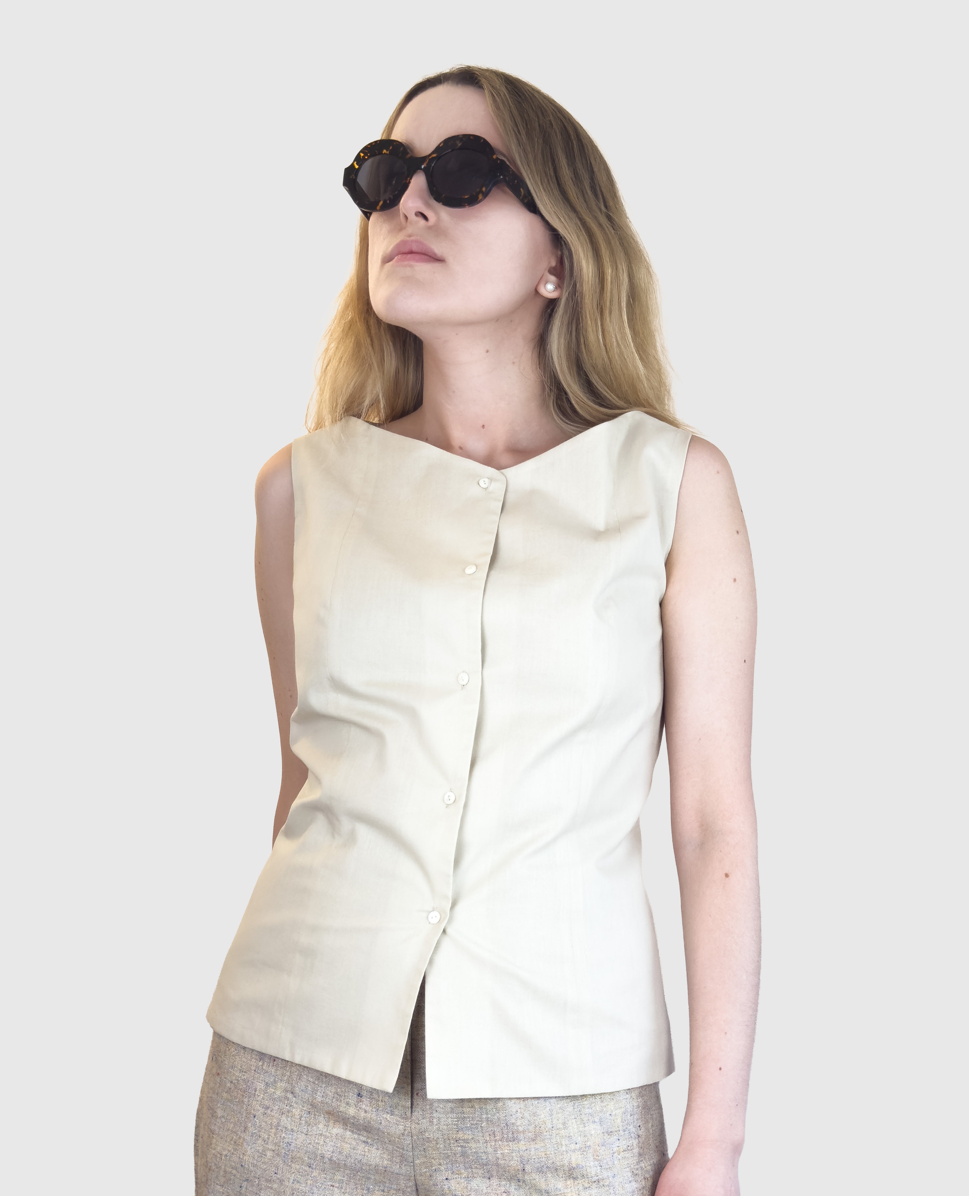 Taliowany top koszulowy „Beige Form”- 100% włoska bawełna